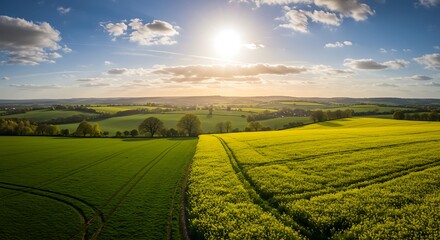 Serene countryside landscape with rolling hills, vibrant canola fields and a radiant sun