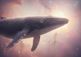 A majestic whale gracefully swims through a surreal, ethereal sky filled with celestial light.