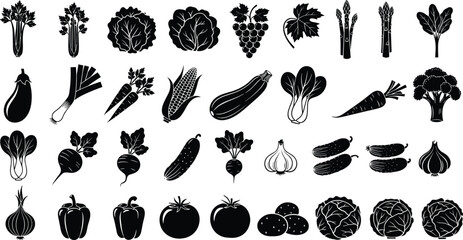 Vegetable and fruit silhouettes, black vector icons, healthy food shapes, organic produce set, kitchen design, culinary art collection