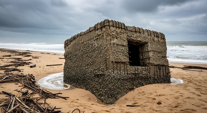Old stone structure on a sandy beach with stormy skies and rough seas. - Powered by Adobe