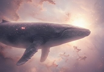 A majestic whale gracefully swims through a dreamy, ethereal sky, surrounded by clouds and light.