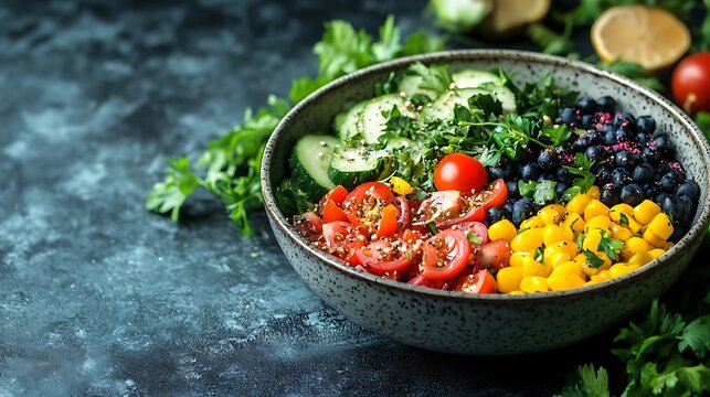 Vibrant vegan buddha bowl with fresh vegetables corn black beans and parsley for healthy eating