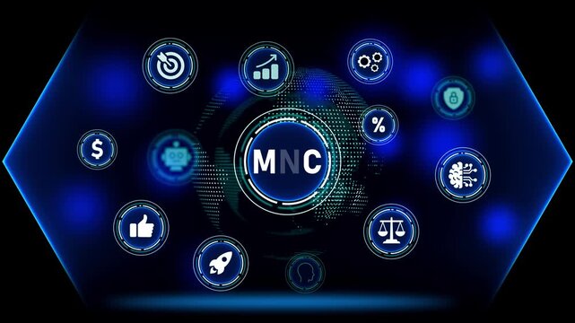 Multinational Corporation MNC concept with digital icons and global network on dark blue background