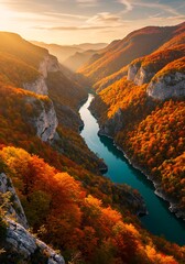 Stunning aerial view of a river canyon during autumn season.