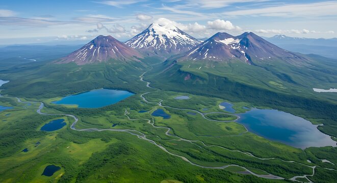 Stunning Aerial View of Majestic Snow-Capped Volcanoes and Turquoise Lakes in Lush Green Landscape.