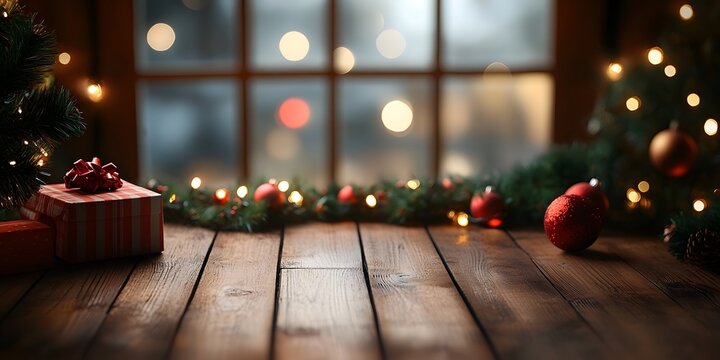 Empty wooden table with Christmas background.