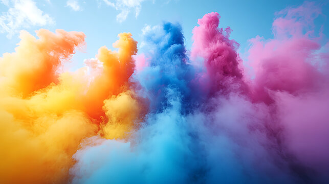 Vivid colorful smoke clouds against blue sky abstract background design element colorful explosion