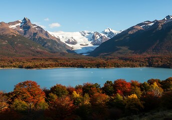 Stunning Autumn Landscape with Glacier and Turquoise Lake.