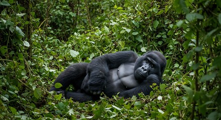 Mountain Gorilla Resting in Lush Green Forest.
