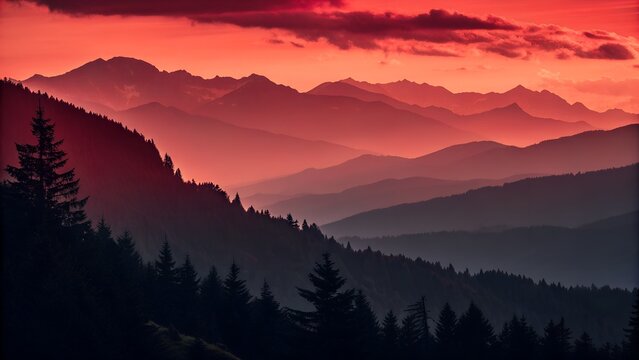 Layered Mountain Ranges at Sunset with Pine Silhouettes – Warm Gradient Sky, Atmospheric Depth, Tranquil Landscape Scene, Conceptual
