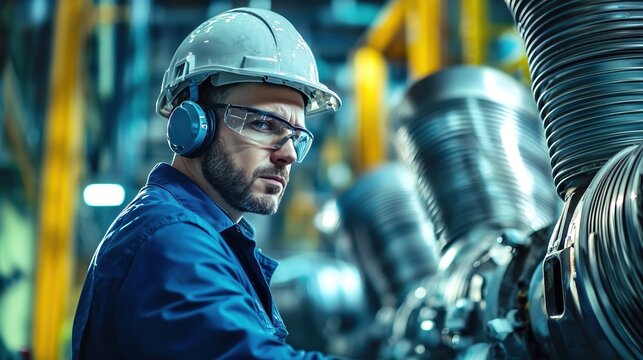 Engineer working with machinery in an industrial factory setting during the day