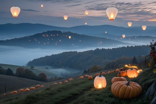 Glowing Pumpkins and Sky Lanterns Over Misty Hills at Dusk – Carved Lights, Twilight Landscape, Festive Autumn Scene, Conceptual - Powered by Adobe