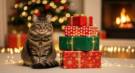 Cute cat beside a mug of hot chocolate topped with marshmallows, holiday background, cozy home feeling, warm tones