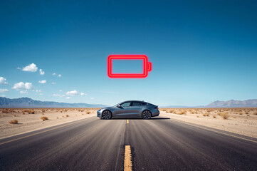 Electric Vehicle Range Anxiety: Car on Desert Road with Low Battery Warning