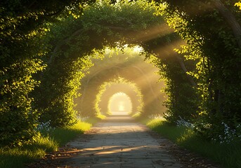 Sunlit Path Through Green Archway of Trees.