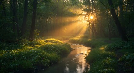 Obraz premium Sunlight streams through forest canopy illuminating a tranquil stream.
