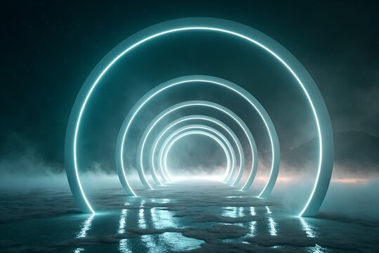 Glowing Blue Arches in Misty Tunnel – Futuristic Perspective, Reflections, Sci-Fi Symmetry, Conceptual