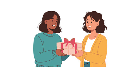 Fototapeta premium Two smiling women exchanging a beautifully wrapped pink gift box with a red ribbon.