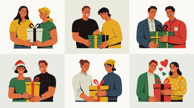 Illustrations of diverse couples exchanging and holding gift boxes for various celebrations and special occasions.