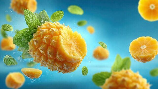Floating pineapple slices, mint, and pieces against a blue background