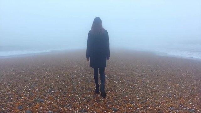 Person walking on beach in foggy coastal scene