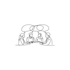 Sketch of people sitting around a table discussing ideas under umbrellas