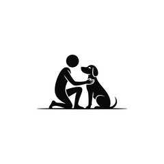 Silhouette of a person kneeling and petting a dog