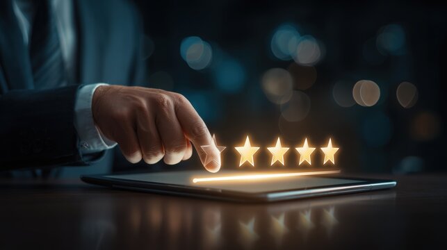 Professional Businessman Using Digital Tablet To Give Five-Star Rating With Glowing Slider On Virtual Holographic Interface Symbolizing Customer Feedback And Satisfaction
