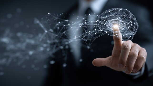 Professional Corporate Worker Interacting With Generative AI Interface Featuring Glowing Neural Connections And Futuristic Elements