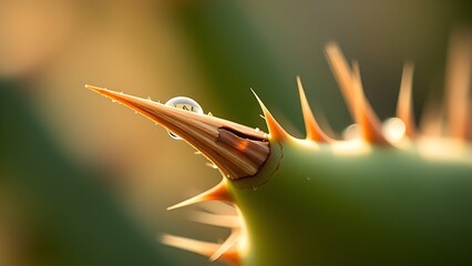 kusudama. Extreme close-up of a cactus spine with a single dewdrop at its tip in morning light. gardening catalogs, home-decor guides, designed for home decor and floral branding.