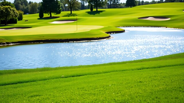 oligarchy. A golf course with manicured grass and water hazards under a sunny sky. event key visuals, club posters, designed for sports event promotions and stadium branding, drives event promotion.