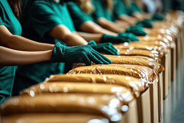 Workers in green gloves handle packaged items on a production line, emphasizing teamwork and efficiency in a warehouse setting.