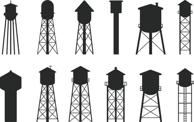 Water tower icons, architectural silhouette set, black structural graphics, utility tank designs, engineering symbols, infrastructure illustration pack