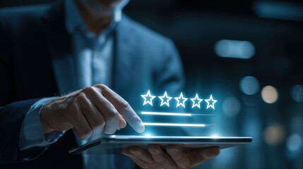 Business Professional Using Virtual Holographic Interface To Provide Five-Star Service Rating Representing Customer Experience Analysis And Digital Review System