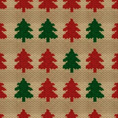 Seamless Christmas Tree Knit Pattern Red Green Beige.