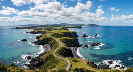 Scenic Coastal Landscape with Winding Road and Ocean Views.