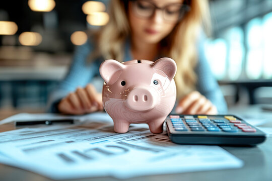 A woman analyzes financial documents with a piggy bank and calculator, illustrating personal finance and savings management.