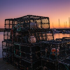 Stacked Lobster Traps at Dusk - A Coastal Scene.