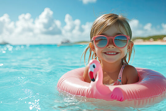 A joyful girl wearing sunglasses floats in a pink flamingo pool float in clear blue water, enjoying a sunny day at the beach.