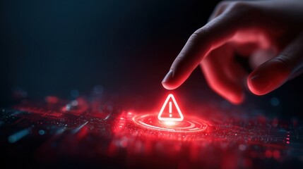 Human Hand Interacting With Glowing Virtual Interface Showing Red Alert Representing Cybersecurity