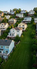 Suburban Houses Clustered on a Steep Green Hillside Under a Clear Sky.