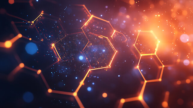 Futuristic glowing hexagonal network with blue particles connecting orange lines representing data science and technology