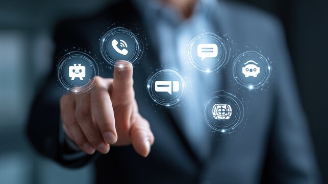 Professional Using Holographic Chat, Phone, Email, And AI Icons Representing Customer Support - Powered by Adobe