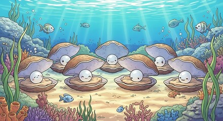 Underwater Scene of Pearls in Open Clamshells with Smiling Faces.