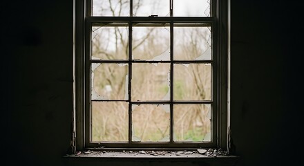 Old wooden window with nine panes looking out onto a blurred, overcast landscape.