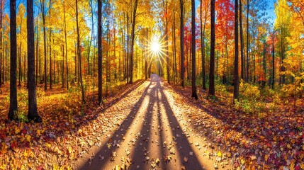Obraz premium Colorful Autumn Forest Path Bright Sunlight Shining Through Tall Trees in Warm Fall Colors