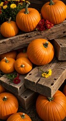 Vibrant pumpkins arranged on weathered wooden planks, autumn harvest scene.