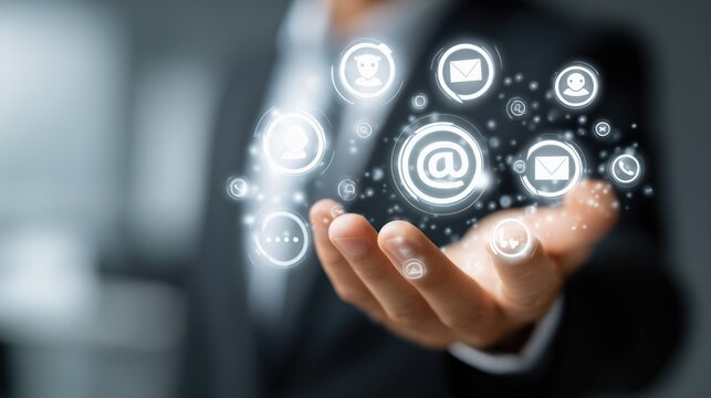 Businessman Offering Virtual Customer Support With Holographic AI Chatbot And Email Icons In Futuristic Background - Powered by Adobe
