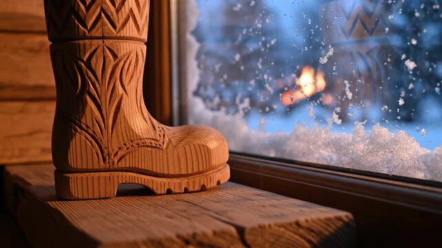 Carved wooden boot sits on a wooden sill next to a window covered in snow Outside is a blur of blue with distant yellow lights