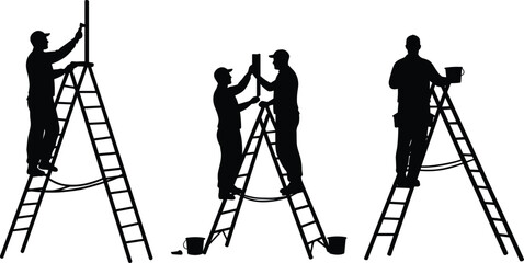 Construction workers, teamwork, ladder safety, industrial maintenance, painting, manual labor, silhouettes, job site, collaboration, tools, bucket, scaffolding, repair, effort, support, hard work,